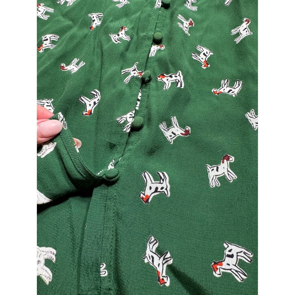 Maeve Anthropologie Green Dog Print Ruffle Tie Neck Blouse XS Short Sleeve Top - Picture 5 of 10